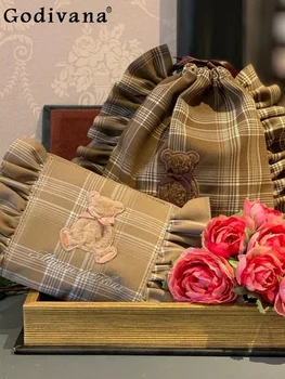 Милая женская сумка через плечо в клетку в японском стиле, высококачественные универсальные сумки из мультяшной ткани для хранения косметики в пригородах, Женские сумки