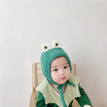 Защита ушей для 0-12 месяцев, симпатичный капор, однотонная хлопковая мультяшная шапочка, детская шапочка-лягушка