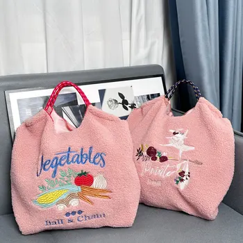 Вышитая каваи сумка-тоут, зимняя модная плюшевая портативная сумка для покупок большой емкости, женская сумка, плюшевая сумка через плечо, подарок