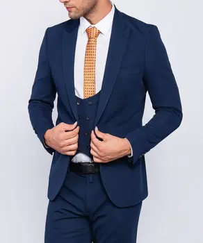 Мужской костюм на заказ Мужской приталенный костюм синего цвета с жилетом смокинг свадебный сценический пиджак
