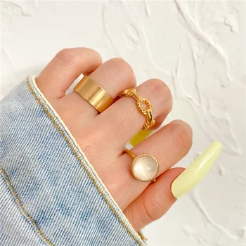 Набор полых геометрических колец с изменяемым размером для женщин, кольцо на палец с открытой металлической цепочкой в стиле панк, модное кольцо с опалом, женские ювелирные подарки