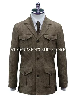 Классическая куртка-сафари с четырьмя карманами-конвертами, зимние мужские костюмы из твида в елочку, уникальный дизайн, повседневная мужская одежда, пальто + галстук
