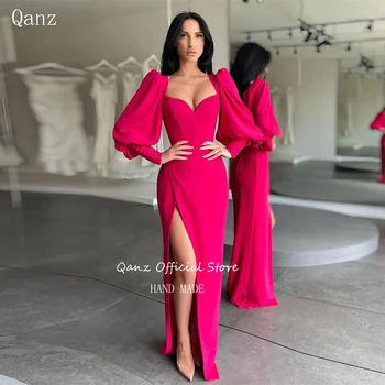Qanz Высококачественные Вечерние платья цвета фуксии с длинными рукавами и высоким разрезом на ногах, праздничные платья 