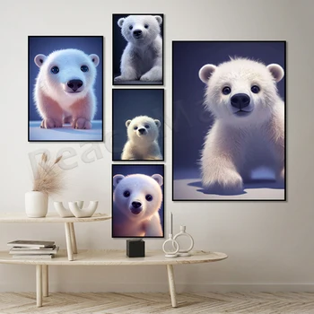 Портрет белого полярного медведя, напечатанные животные, плакаты на скандинавскую тему и принты, настенное искусство, живопись на холсте, настенные панно, декор детской комнаты