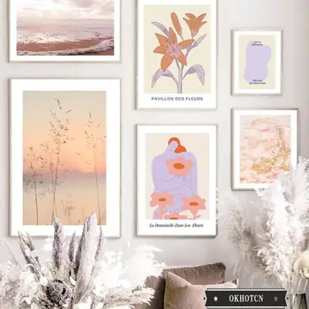 Картина на холсте с морским пейзажем на закате, Абстрактный Цветок Лилии, Женщина, вихревая жидкость, Плакаты и принты, настенное искусство, розовые картины в скандинавском стиле