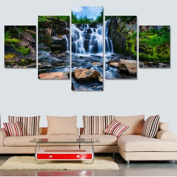 Картина на холсте из 5 частей, большая красивая картина с водопадом, пейзаж, плакат, настенное искусство, украшение дома для гостиной