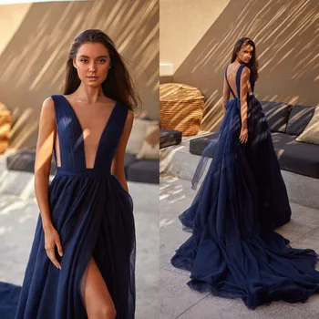 Темно-синие сексуальные платья для выпускного вечера из прозрачного тюля с V-образным вырезом, вечерние платья с разрезом для фотосессии, вечернее платье vestido de noche