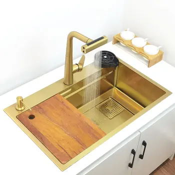 Золотой 4-функциональный кухонный кран, нано кухонная раковина, Золотой Водопадный кран, Раковина с одной чашей из нержавеющей стали, раковины с защитой от царапин