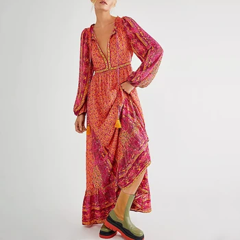 Женское модное длинное платье hirigin Boho в стиле ретро с цветочным принтом, платье с длинными рукавами, весна-осень, повседневное Свободное праздничное платье