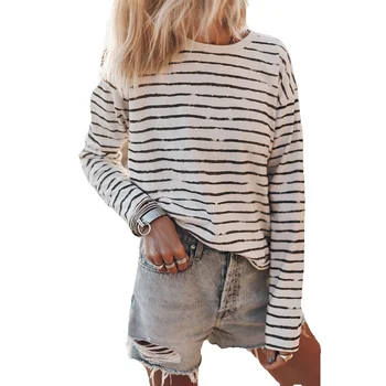 Повседневная футболка в полоску с длинными рукавами для женщин, осень 2023, новый модный универсальный пуловер с круглым вырезом