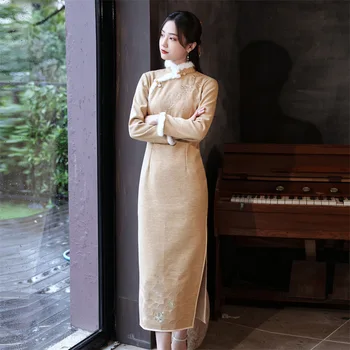 Зимнее длинное вышитое толстое шерстяное платье Cheongsam в стиле ретро улучшенной старой шанхайской девушки в молодом стиле