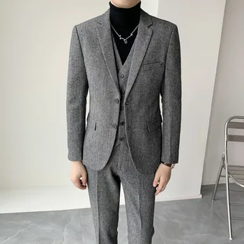 Высококачественный мужской костюм для ужина (костюм + жилет + брюки), приталенный костюм в британском стиле, бархатный костюм с принтом, три штуки