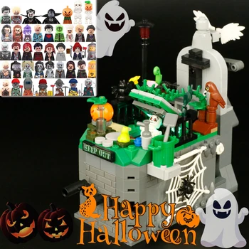 MOC LED Light Строительные блоки передвижного кладбища на Хэллоуин, скелет зомби-вампира, фигурки человека-тыквы, кирпичная мини-модель, подарки для детей