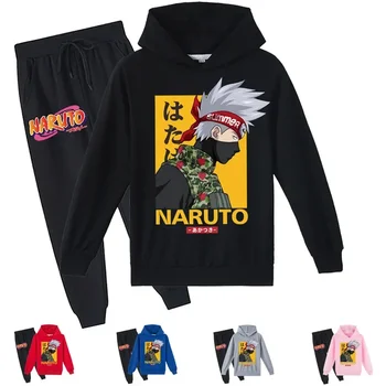 Naruto 2024 Новый детский модный принт Для мальчиков и девочек, осенняя мода, Свободная толстовка с капюшоном, толстовка с брюками, костюм