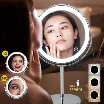 8-дюймовое Зеркало для макияжа со светодиодной 3-х цветной подсветкой Увеличение 5X7X10X Двустороннее зеркало для туалетного столика с USB-зарядкой Настольные зеркала для рабочего стола