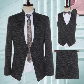 2023 Темно-серый Роскошное Модное клетчатое пальто Брюки Приталенный смокинг Вечерние Свадебные Костюмы для мужчин 3 шт.