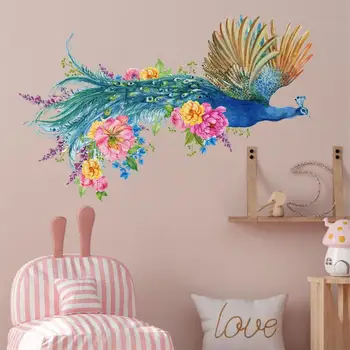 Наклейки на стену с летающим цветком и Павлином, 3D Красочные наклейки из ПВХ для гостиной и спальни, фоновые настенные наклейки, Съемные наклейки