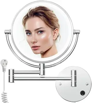 Вмонтированное зеркало для макияжа с подсветкой, супер большое двустороннее увеличительное зеркало 1X /10X для ванной комнаты, 3-цветная подсветка с регулируемой яркостью, 360 °