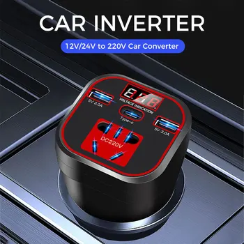 Автомобильный инвертор 24 В, 12 В, 220 В, Светодиодный дисплей мощностью 200 Вт, автомобильный инвертор выходной мощности, Зарядная чашка, мощный инвертор, установленный на Type-C