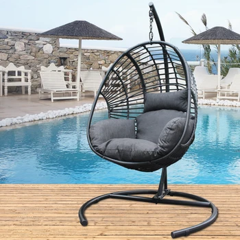 Наружный и внутренний Черный Плетеный стул-качели из полиэтилена черного цвета с подушкой антрацитового цвета и основанием черного цвета, подвесной стул для патио