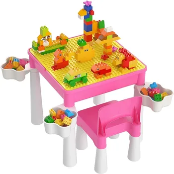 Набор игровых столов 5 в 1 с несколькими видами деятельности, включает 1 стул и 128 совместимых строительных блоков Big Bricks