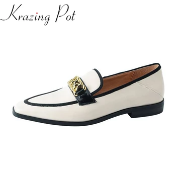 Krazing Pot/ Современная обувь из коровьей кожи с квадратным носком, Благородные низкие каблуки, изящные металлические украшения, разноцветные слипоны, лаконичные женские туфли-лодочки