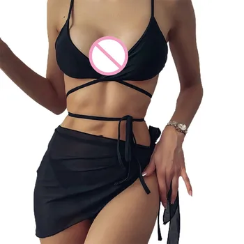 Сексуальный комплект из 3шт купальников, женский однотонный черный Бразильский бикини с перекрестной повязкой спереди, купальный костюм с саронгом