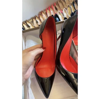 Классический черный с пикантным красным внутри 12-сантиметровый каблук-шпилька с острым носком, пикантные свадебные туфли для рабочей вечеринки, повседневная одежда, лаконичные туфли-лодочки QKOU011