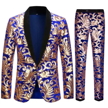 Европейский размер (блейзер + брюки) мужской костюм Модный превосходный синий бархатный костюм с золотыми блестками свадебное платье для жениха Комплект из 2 предметов