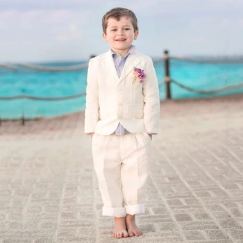 Костюм 2022 года, Бежевые костюмы для мальчиков на пляжную свадьбу, Детский блейзер с зубчатым лацканом, Смокинги для жениха, Официальная одежда, 2 шт.