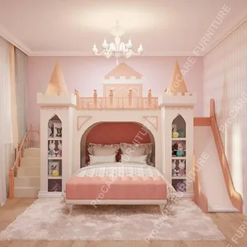 Кровать-горка Princess Castle из массива дерева, двухъярусная детская кровать-горка для коттеджа