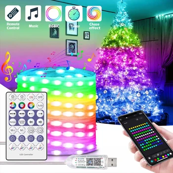 WS2812B Светодиодные Струнные Огни Рождественской Елки 5 м /10 м BT Music App Control RGBIC Dreamcolor Адресуемое Украшение Для вечеринки USB DC5V