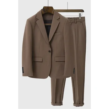 Элегантные повседневные коричневые мужские костюмы с зубчатым лацканом, однобортный пиджак из 2 предметов, Брюки, обычная одежда, официальный костюм, мужской полный комплект