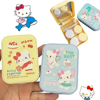 2 пары Коробка для хранения контактных линз Чехол для контактных линз Kawaii Hello Kitty с зеркалом Переносная коробка для линз для красоты Ученика