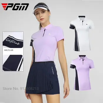Женская одежда для гольфа PGM, летние рубашки-поло для гольфа с защитой от пота, женские эластичные топы с короткими рукавами, быстросохнущая спортивная футболка в стиле пэчворк
