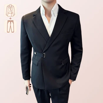 Британский облегающий костюм, мужской костюм-двойка, корейский повседневный костюм с диагональными пуговицами, мужская одежда, мужские костюмы
