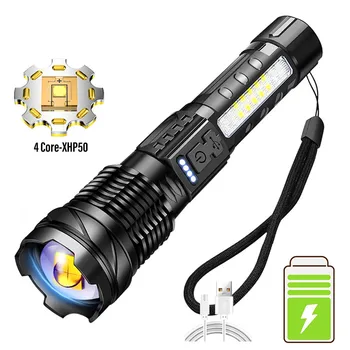 Мощный светодиодный фонарик XHP50, водонепроницаемый фонарь 18650 с боковой подсветкой, 7 режимов, фонарь для кемпинга, рыбалки, USB Перезаряжаемая лампа с зумом