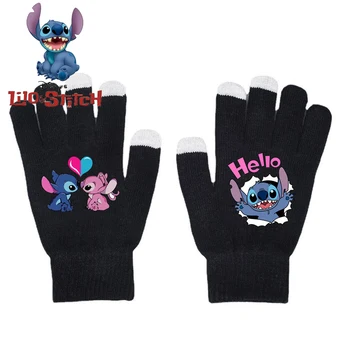 Перчатки для стича из аниме Disney, Kawaii Lilo & Stitch, осенне-зимние теплые черные вязаные перчатки с сенсорным экраном, детские подарки