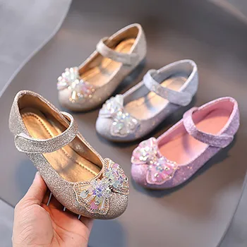 Кожаные туфли принцессы Baywell для девочек с бриллиантовым бантом На высоком каблуке, детские танцевальные блестящие туфли, Модная танцевальная обувь для девочек