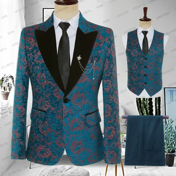 2023 Новый мужской Синий повседневный деловой бутик с красным цветочным принтом, черный костюм с отворотами, комплект из трех предметов, мужские блейзеры, пальто