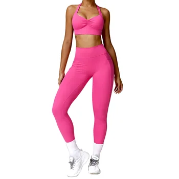 Присборенный облегающий комплект для йоги с коротким вырезом и флисовой подкладкой, быстросохнущий фитнес-костюм для бега, женский спортивный комплект.