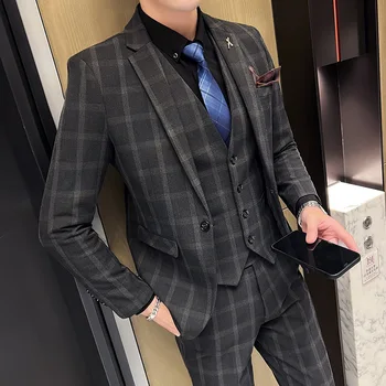 (Блейзер + жилет + брюки) Высококачественный мужской простой деловой Элегантный модный костюм джентльмена для собеседования при приеме на работу, тонкий костюм из 3 предметов