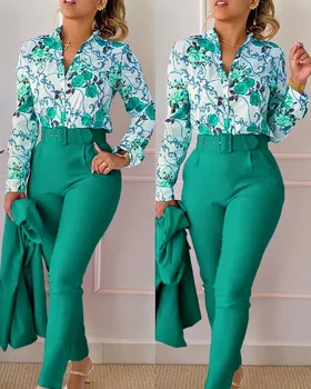 элегантная рубашка и брюки с принтом комплекты из двух предметов женская мода 2023 весна осень рубашки с длинным рукавом брюки с высокой талией повседневные костюмы