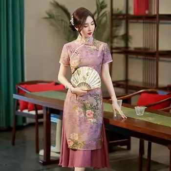 Женский хлопковый Чонсам больших размеров с коротким рукавом, винтажное вечернее платье, костюмы для вечеринок, длинное ципао в китайском стиле, бежево-фиолетовый