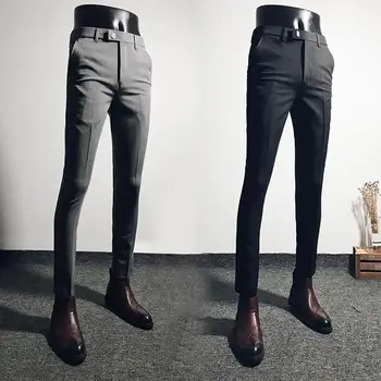 Популярные мужские укороченные брюки, приятные на ощупь мужские деловые брюки, приталенные деловые брюки на молнии с ширинкой